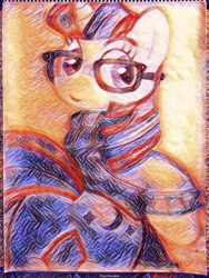 Size: 860x1144 | Tagged: safe, artist:thor-disciple, moondancer, pony, unicorn, butt, clothes, glasses, horn, looking at you, moon, plot, psychedelic, rear view, red hair, smiling, sweater, tape