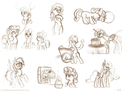 Size: 1000x750 | Tagged: safe, artist:kp-shadowsquirrel, apple bloom, applejack, pinkie pie, princess celestia, princess luna, rainbow dash, scootaloo, sweetie belle, alicorn, earth pony, pegasus, pony, apple, balloon, cake, monochrome, sketch, sketch dump