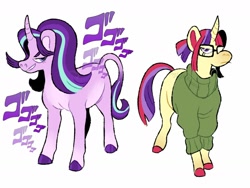 Size: 1280x960 | Tagged: safe, artist:mylittlegami, moondancer, starlight glimmer, classical unicorn, pony, unicorn, alternate universe, clothes, cloven hooves, glasses, jojo's bizarre adventure, leonine tail, menacing, sweater, unshorn fetlocks, ゴ ゴ ゴ