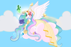 Size: 1500x1000 | Tagged: safe, artist:lilmandarin, princess celestia, alicorn, pony, clothes, cloud, female, mare