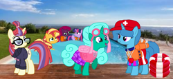 Size: 2340x1080 | Tagged: safe, artist:徐詩珮, fizzlepop berrytwist, glitter drops, moondancer, spring rain, sunset shimmer, tempest shadow, twilight sparkle, twilight sparkle (alicorn), alicorn, unicorn, series:sprglitemplight diary, series:sprglitemplight life jacket days, series:springshadowdrops diary, series:springshadowdrops life jacket days, alternate universe, bisexual, broken horn, chase (paw patrol), clothes, cute, female, glitterbetes, glitterlight, glittershadow, horn, lesbian, lifeguard, lifeguard spring rain, lifejacket, marshall (paw patrol), paw patrol, polyamory, shipping, skye (paw patrol), sprglitemplight, springbetes, springdrops, springlight, springshadow, springshadowdrops, swimming pool, tempestbetes, tempestlight, zuma (paw patrol)