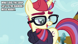 Size: 889x500 | Tagged: safe, edit, edited screencap, screencap, moondancer, pony, unicorn, amending fences, japanese food, joke, miso soup, pun