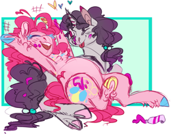 Size: 1173x921 | Tagged: safe, artist:eqq_scremble, derpibooru exclusive, pinkie pie, sugar belle, earth pony, pony, unicorn, abstract background, alternate design, armpits, chubby, colored hooves, equalized, female, food, friendshipping, frog (hoof), frosting, hairtie, icing on nose, laughing, lesbian, shipping, sugarpie, underhoof