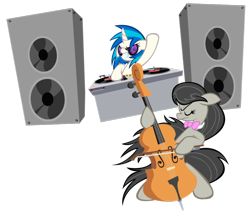 Size: 900x762 | Tagged: safe, artist:bronycurious, dj pon-3, octavia melody, vinyl scratch, earth pony, pony, unicorn, cello, musical instrument, turntable