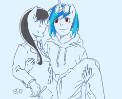 Size: 500x406 | Tagged: safe, artist:efd, dj pon-3, octavia melody, vinyl scratch, anthro, female, human facial structure, lesbian, scratchtavia, shipping