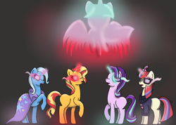 Size: 1010x720 | Tagged: safe, artist:draikinator, artist:dudatg, moondancer, starlight glimmer, sunset shimmer, trixie, twilight sparkle, twilight sparkle (alicorn), alicorn, pony, unicorn, badass, cape, clothes, counterparts, epic, glasses, glowing eyes, glowing horn, growling, horn, magic, magical quintet, open mouth, space, stars, trixie's cape, twilight's counterparts