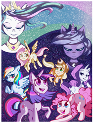 Size: 644x856 | Tagged: safe, artist:stj-44, applejack, fluttershy, pinkie pie, princess celestia, princess luna, rainbow dash, rarity, twilight sparkle, alicorn, earth pony, pegasus, pony, unicorn