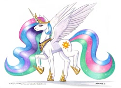 Size: 1115x813 | Tagged: safe, artist:baron engel, princess celestia, alicorn, pony, bedroom eyes, looking at you, raised hoof, raised leg, smiling, solo, spread wings, traditional art