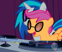 Size: 1186x986 | Tagged: artist needed, safe, dj pon-3, scootaloo, vinyl scratch, pony, unicorn, fanfic, fanfic art, my little dj, record, turntable