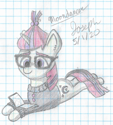 Size: 2266x2503 | Tagged: safe, artist:mlplayer dudez, moondancer, pony, unicorn, book, cel shading, clothes, cute, cutie mark, ear fluff, eyebrows, female, glasses, graph paper, happy, looking down, lying down, mare, prone, reading, shading, signature, smiling, solo, sweater, traditional art