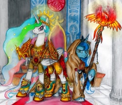 Size: 900x777 | Tagged: safe, artist:salahir, princess celestia, princess luna, alicorn, phoenix, pony, armor, colored pencil drawing, crossover, duo, empress, female, god empress of ponykind, god-emperor of mankind, hoof shoes, malcador the sigillite, mare, psyker, robes, royal sisters, sisters, staff, this will end in death, this will end in tears, this will end in tears and/or death, traditional art, warhammer (game), warhammer 40k