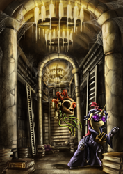 Size: 1237x1750 | Tagged: safe, artist:jamescorck, moondancer, pony, unicorn, adeptus administratum, archive, augmented, book, candle, chandelier, clothes, crossover, glasses, ladder, library, robe, scroll, servo skull, spider web, warhammer (game), warhammer 40k