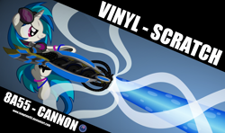 Size: 6900x4076 | Tagged: safe, artist:template93, dj pon-3, vinyl scratch, pony, unicorn, absurd resolution, female, hooves, horn, mare, smiling, solo, sunglasses, text, weapon