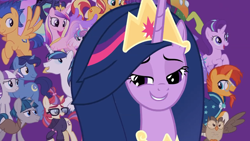 Size: 1280x720 | Tagged: safe, screencap, flash sentry, moondancer, night light, owlowiscious, princess cadance, princess celestia, princess flurry heart, princess luna, princess twilight 2.0, shining armor, starlight glimmer, stygian, sunburst, sunset shimmer, thorax, trixie, twilight sparkle, twilight sparkle (alicorn), twilight velvet, alicorn, bird, changedling, changeling, owl, pegasus, pony, unicorn, the last problem, crown, female, jewelry, king thorax, male, mare, mid-blink screencap, offscreen character, older, older twilight, regalia, smiling, sparkle family, stallion