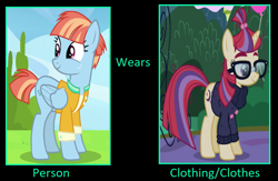 Size: 1009x659 | Tagged: safe, artist:keyblademagicdan, edit, edited screencap, editor:jaredking203, screencap, moondancer, windy whistles, pegasus, pony, unicorn, black background, clothes, duo, female, glasses, mare, meme, simple background, sweater, text