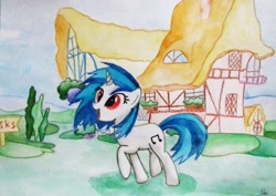 Size: 3160x2242 | Tagged: safe, artist:0okami-0ni, dj pon-3, vinyl scratch, pony, unicorn, happy, ponyville, traditional art, watercolor painting