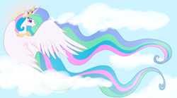 Size: 900x500 | Tagged: safe, artist:lilmandarin, princess celestia, alicorn, pony, cloud, cloudy, solo, spread wings