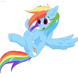 Size: 1024x1024 | Tagged: safe, artist:glazirka, rainbow dash, pegasus, pony, belly fluff, butt fluff, cute, dashabetes, ear fluff, eye clipping through hair, female, mare, open mouth, simple background, solo, white background