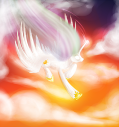 Size: 826x882 | Tagged: safe, artist:orangealley, princess celestia, alicorn, pony, female, flying, horn, mare, multicolored mane, solo, white coat