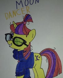 Size: 750x925 | Tagged: safe, artist:electric spark, moondancer, pony, unicorn, cute, dancerbetes, female, glasses, grin, looking at you, mare, one eye closed, simple background, smiling, smiling at you, text, traditional art, white background, wink