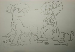 Size: 4131x2912 | Tagged: safe, artist:kiralindocruz, cheese sandwich, pinkie pie, earth pony, pony, cheesepie, chubby, donut, female, food, male, messy eating, monochrome, pencil drawing, preggy pie, pregnancy cravings, pregnant, shipping, straight, stuffed, traditional art