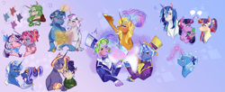 Size: 4899x2000 | Tagged: safe, artist:bunnari, clover the clever, jack pot, moondancer, night light, shining armor, spike, sunflower spectacle, trixie, twilight, twilight sparkle, twilight velvet, twinkle twirl, oc, oc:candlelight, oc:comet spin, oc:lulanueva, oc:night owl, dragon, pony, unicorn, big bucks, female, high res, magic, male, mare, stallion