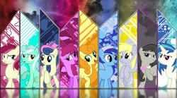 Size: 1800x1000 | Tagged: safe, artist:sero94, berry punch, berryshine, bon bon, carrot top, derpy hooves, dj pon-3, golden harvest, lyra heartstrings, minuette, octavia melody, roseluck, sweetie drops, vinyl scratch, earth pony, pegasus, pony, unicorn, bowtie, cutie mark, female, hooves, horn, mare, open mouth, sitting, smiling, teeth, vector, wallpaper, wings