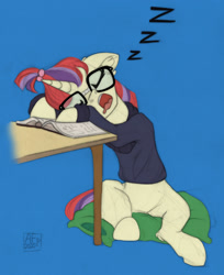 Size: 1628x2000 | Tagged: safe, artist:airfly-pony, moondancer, pony, unicorn, blue background, book, eyes closed, female, glasses, mare, onomatopoeia, open mouth, patreon, patreon reward, pillow, simple background, sitting, sleeping, snoring, sound effects, table, zzz