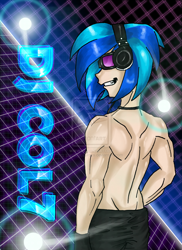 Size: 900x1236 | Tagged: safe, artist:icedroplet, dj pon-3, record scrape, vinyl scratch, clothes, dj col-7, humanized, rule 63, solo, topless