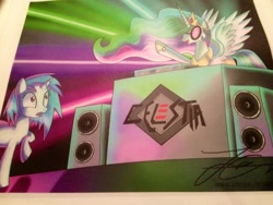 Size: 1024x768 | Tagged: safe, dj pon-3, princess celestia, vinyl scratch, alicorn, pony, unicorn, female, tara strong