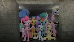 Size: 1280x720 | Tagged: safe, artist:cakesarelies, applejack, derpy hooves, fluttershy, pinkie pie, princess cadance, princess celestia, princess luna, rainbow dash, rarity, twilight sparkle, alicorn, earth pony, pegasus, pony, unicorn, 3d, bipedal, female, grin, hoof shoes, mare, princess molestia, s1 luna, smiling, spread wings, waving, wings