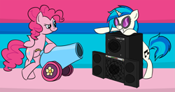 Size: 2171x1143 | Tagged: safe, artist:extremeasaur5000, dj pon-3, pinkie pie, vinyl scratch, earth pony, pony, unicorn, bass cannon, party cannon