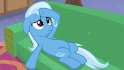 Size: 1280x720 | Tagged: safe, screencap, trixie, pony, unicorn, road to friendship, belly, chubby, female, floppy ears, mare, on back, solo, starlight's office