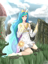 Size: 3000x4000 | Tagged: safe, artist:mylittelrosy, princess celestia, clothes, female, humanized, solo, torn clothes