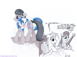 Size: 1211x900 | Tagged: safe, artist:foxxy-arts, dj pon-3, octavia melody, vinyl scratch, earth pony, pony, unicorn, carrying, drunk, female, hangover, lesbian, octavia is not amused, scratchtavia, shipping, unamused