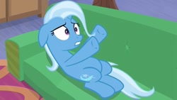 Size: 1280x720 | Tagged: safe, screencap, trixie, pony, unicorn, road to friendship, chubby, female, floppy ears, mare, on back, sofa, solo