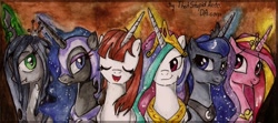 Size: 1024x455 | Tagged: safe, artist:antych, nightmare moon, princess cadance, princess celestia, princess luna, queen chrysalis, oc, oc:fausticorn, alicorn, changeling, changeling queen, pony, female, lauren faust, traditional art