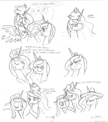 Size: 1271x1440 | Tagged: safe, artist:zicygomar, princess cadance, princess celestia, princess luna, alicorn, chicken, pony, comic, frying pan, hat, monochrome, scootachicken, serious business, serious hat, sillestia, silly, silly pony, sombrero, traditional art