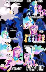 Size: 1000x1543 | Tagged: safe, artist:infitima, applejack, fluttershy, pinkie pie, princess cadance, princess celestia, princess luna, rainbow dash, rarity, twilight sparkle, alicorn, earth pony, pegasus, pony, unicorn, hot problems, princess molestia