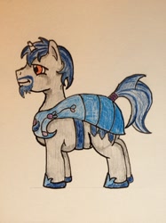 Size: 1280x1707 | Tagged: safe, artist:thewindking, oc, oc only, oc:honor bound, pony, unicorn, armor, beard, broken horn, chubby, clothes, crystal guard, crystal guard armor, facial hair, goatee, male, obscured cutie mark, shoes, simple background, stallion, traditional art