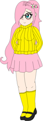Size: 334x933 | Tagged: safe, artist:wolf, fluttershy, human, blushing, chubby, clothes, glasses, hairpin, humanized, mary janes, pleated skirt, shoes, skirt, socks, sweater, sweatershy, thighs