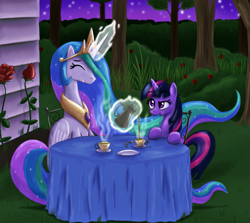 Size: 897x800 | Tagged: safe, artist:paper-pony, princess celestia, twilight sparkle, alicorn, pony, dusk, outdoors, tea, tea party, twilight (astronomy)