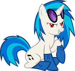Size: 7209x6866 | Tagged: safe, artist:goldenacorn93, dj pon-3, vinyl scratch, pony, unicorn, absurd resolution, adobe imageready, clothes, cutie mark, female, grin, hooves, horn, looking at you, mare, simple background, sitting, smiling, socks, solo, sunglasses, teeth, transparent background