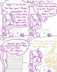Size: 4779x6013 | Tagged: safe, artist:adorkabletwilightandfriends, moondancer, twilight sparkle, twilight sparkle (alicorn), alicorn, pony, unicorn, comic:adorkable twilight and friends, adorkable, adorkable twilight, comic, commentary, computer, cute, dlc, dork, expansion pack, expensive, female, frustrated, funny, humor, laptop computer, mare, mug, simulator, sitting, the sims, video game