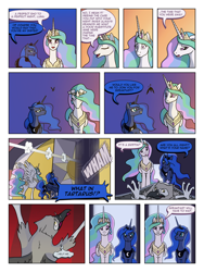 Size: 900x1200 | Tagged: safe, artist:arofatamahn, princess celestia, princess luna, oc, oc:garret (arofatamahn), alicorn, griffon, pony, comic:the night the magic died, comic