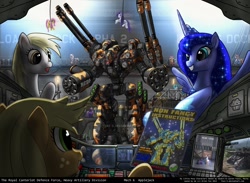 Size: 1600x1168 | Tagged: safe, artist:foxi-5, applejack, derpy hooves, fluttershy, princess celestia, princess luna, rarity, scootaloo, twilight sparkle, alicorn, earth pony, pegasus, pony, unicorn, artillery, female, giant robot, mare, mecha