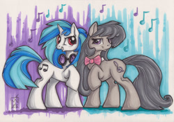 Size: 900x633 | Tagged: safe, artist:kattvalk, dj pon-3, octavia melody, vinyl scratch, earth pony, pony, marker drawing, traditional art