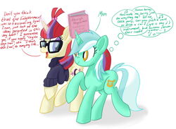 Size: 2304x1688 | Tagged: safe, artist:notadeliciouspotato, lyra heartstrings, moondancer, pony, unicorn, fanfic:anthropology, atg 2020, book, dialogue, duo, fanfic art, female, haycartes' method, magic, mare, newbie artist training grounds, oblivious, raised hoof, shadow, simple background, smiling, speech bubble, talking, telekinesis, thought bubble, white background