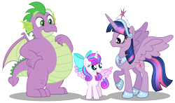 Size: 6393x3767 | Tagged: safe, artist:aleximusprime, princess flurry heart, spike, twilight sparkle, twilight sparkle (alicorn), alicorn, dragon, pony, flurry heart's story, adult, adult spike, big crown thingy, bow, chubby, cute, fat spike, female, filly, filly flurry heart, future, future spike, jewelry, older, older spike, older twilight, plump, regalia, simple background, tiara, transparent background, trio, vector, winged spike