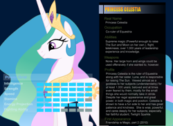 Size: 1100x800 | Tagged: safe, artist:pika-robo, princess celestia, alicorn, pony, bio, profile, ultimate marvel vs capcom 3